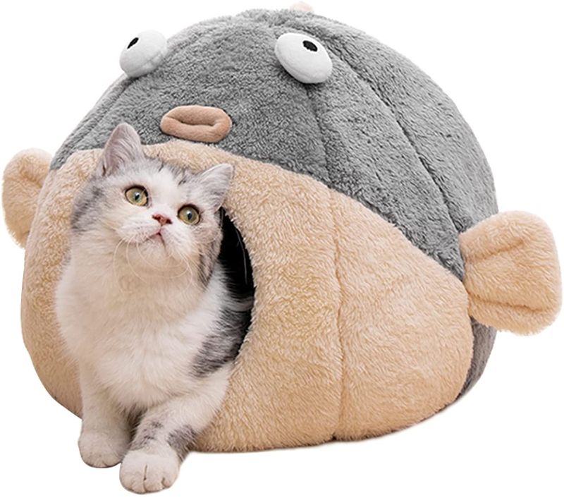 Photo 1 of Cat Beds for Indoor Cats - Cat Bed Cave with Removable Washable Cushioned Pillow, Soft Plush Premium Cotton No Deformation Pet Bed, Lively Pufferfish Cat House Design,