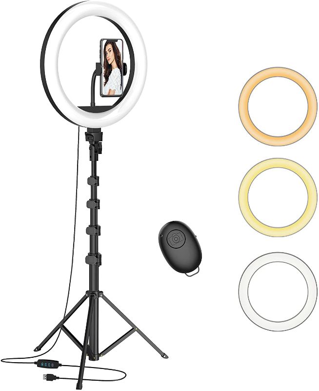 Photo 1 of 12” Selfie Ring Light with 63” Adjustable Tripod Stand and Phone Holder, LED Dimmable Ringlight with Remote, for Live Stream/Photography/Makeup/YouTube Video, Compatible with Cell Phones, Cameras