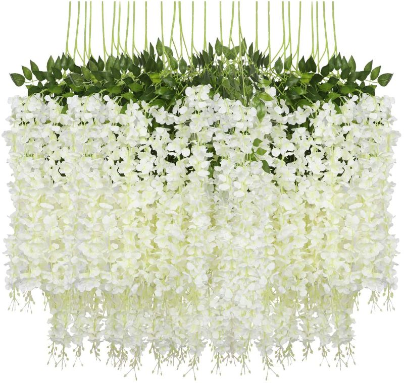 Photo 1 of  Artificial Wisteria Vine Ratta Fake Wisteria Hanging Garland Silk Long Hanging Bush Flowers String Home Party Wedding Decor (White)