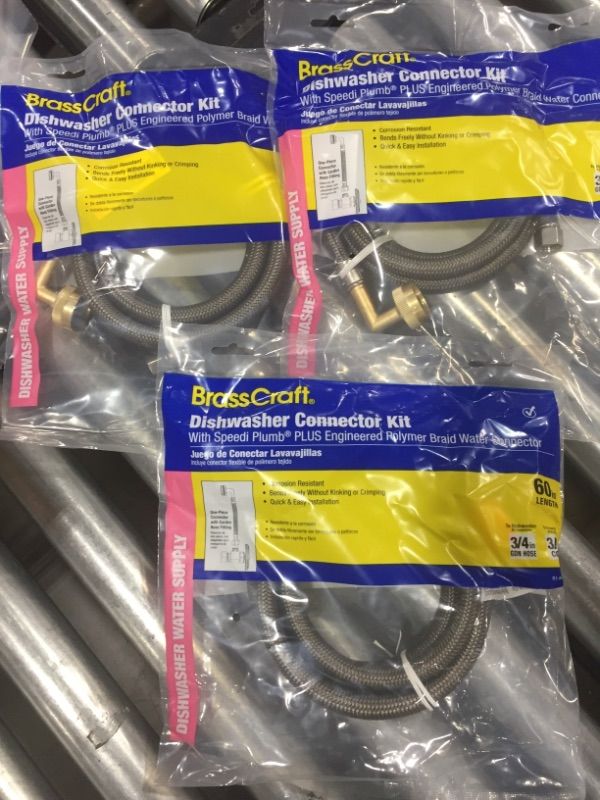 Photo 1 of BrassCraft 1439034 B1-60DW1 P 3/8" Compression x 3/4" Garden Hose Swivel Elbow x 60" Braided Polymer Dishwasher Connector (3 PACK)