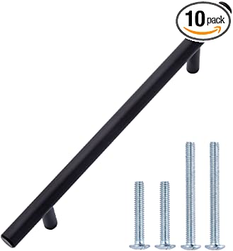 Photo 1 of Amazon Basics Euro Bar Cabinet Handle (3/8-inch Diameter), 7.38-inch Length (5-inch Hole Center), Flat Black, 10-Pack
