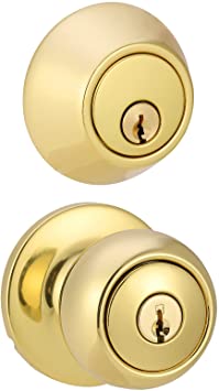 Photo 1 of Amazon Basics Exterior Door Knob With Lock and Deadbolt, Coastal, Polished Brass
