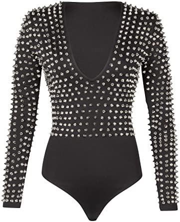 Photo 1 of Black Studded Rivet Studs Bodysuit Top LARGE 