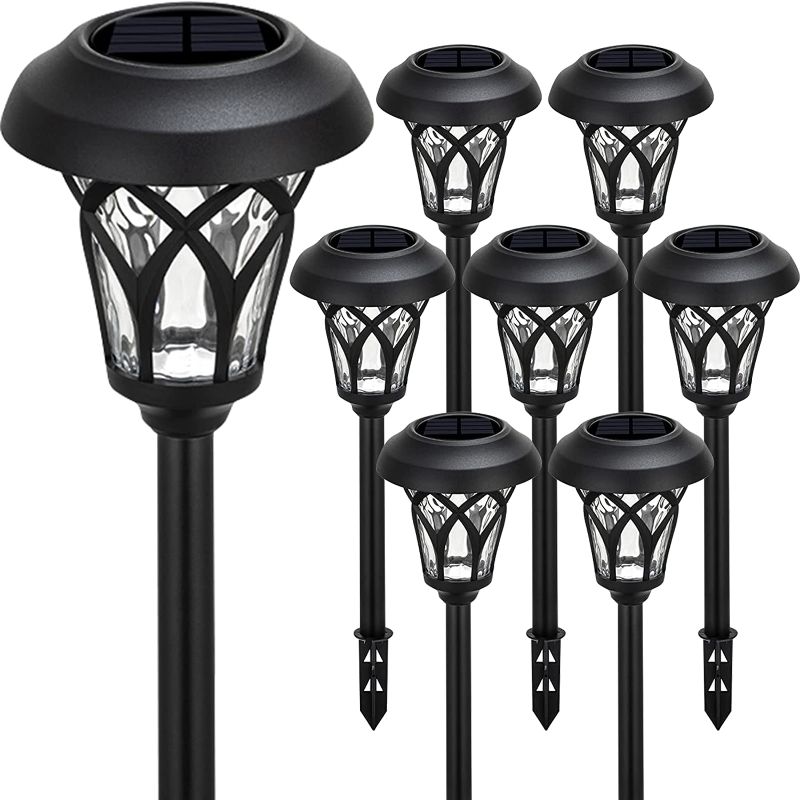 Photo 1 of BEAU JARDIN 8 Pack Glass Solar Pathway Landscape Lights LED Stainless Steel Waterproof Bright Outdoor Garden with Stakes Auto On/Off Sun Powered Warm White Lighting Walkway Metal Pattern Black BG320