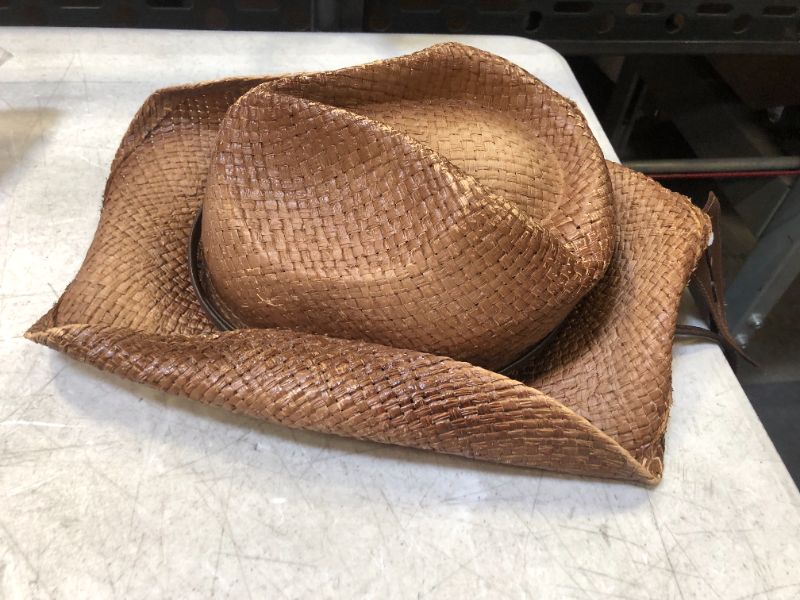 Photo 4 of Peter Grimm Straw Round Up Cowboy Hat w/Leather Strap (Tea Stained)