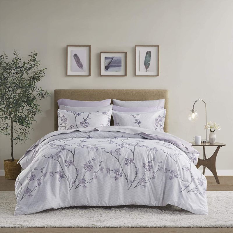 Photo 1 of Comfort Spaces Bed in A Bag - Trendy Casual Design Cozy Comforter with Complete Sheet Set with Side Pocket, All Season Cover, Matching Shams Queen(90"x90"), Kate, Grey/Purple