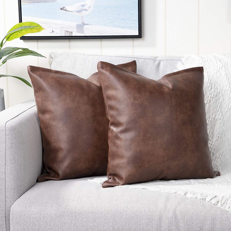 Photo 1 of YAERTUN Set of 2 Faux Leather Decorative Throw Pillow Covers Modern Solid Outdoor Cushion Cases Luxury Pillowcases for Couch Sofa Bed 22x22 Inches Dark Brown
