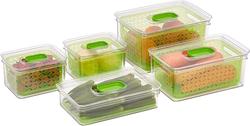 Photo 1 of Amazon Basics Set of 5 Produce Food Saving Containers, BPA Free Plastic - 1 X-Large (6.7 Qt), 1 Large (4.3Qt), 2 Medium (1.9 Qt), 1 Short Medium (2.6 Qt)
