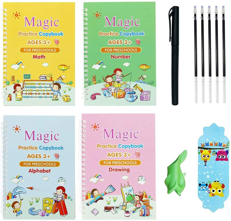 Photo 1 of 4 PCS Extra Large Magic Practice Copybook for kids, 10.3×7.3 in Reusable Calligraphy Workbook Set for Kids Ages 3-7 Handwriting Tracing Books