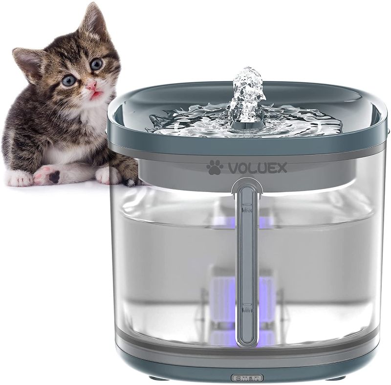 Photo 1 of Cat Water Fountain, VOLUEX 2.3L Pet Water Dispenser with LED, Dog/Kitty Automatic Drinking Water Fountain with 4 Replacement Filters, Whisper Quiet Water Bowl, Battery Operated, with Charging Base
