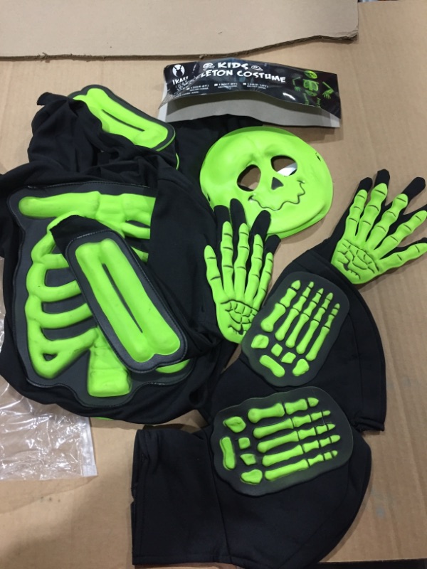 Photo 2 of Kids Glowing Skeleton Costume,Child Scary Bone Skull Outfit Fancy Dress Up For Halloween Party Carnival(6PCs) 3-4T