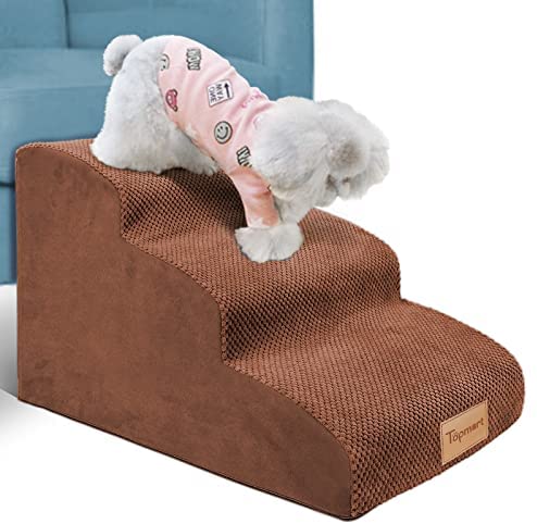 Photo 1 of 3 Tiers Foam Dog Ramps/Steps,Non-Slip Dog Steps,Extra Wide Deep Dog Stairs,High Density Foam Pet Stairs/Ladder,Best for Older Dogs,Cats,Small Pets,with 1 Dog Rope Toy,Color Brown