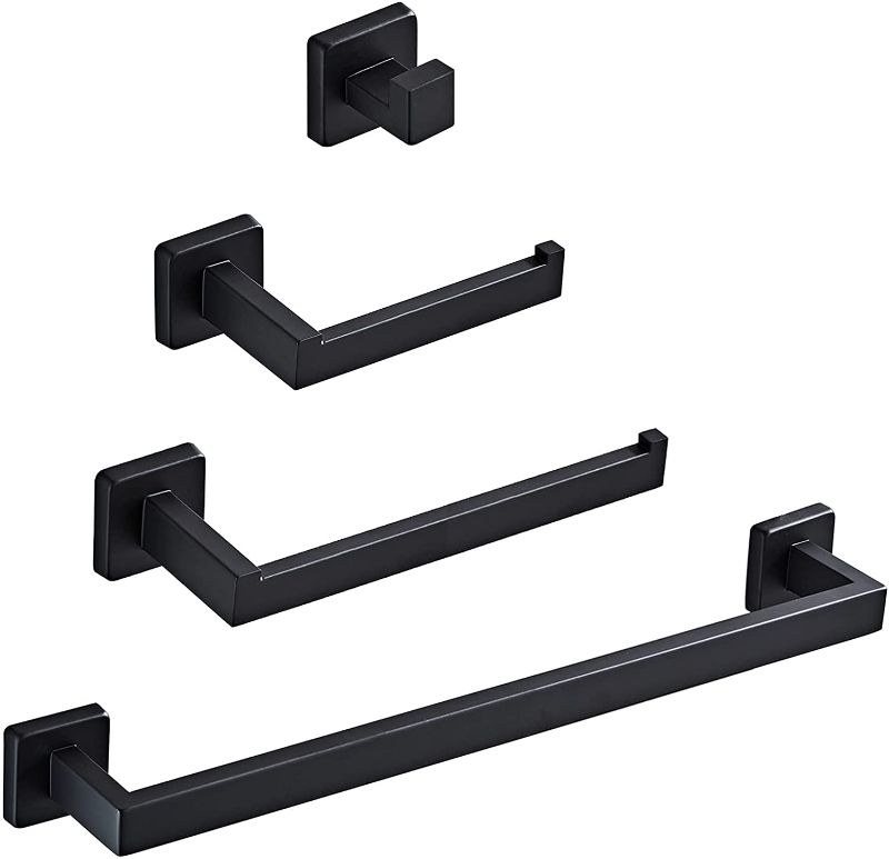 Photo 1 of 4-Pieces Bathroom Hardware Set Matte Black SUS304 Stainless Steel Square Style Wall Mounted Towel Rack Pack - Includes 14" Towel Single Bar, Hand Towel Bar, Toilet Paper Holder, Robe Towel Hooks
