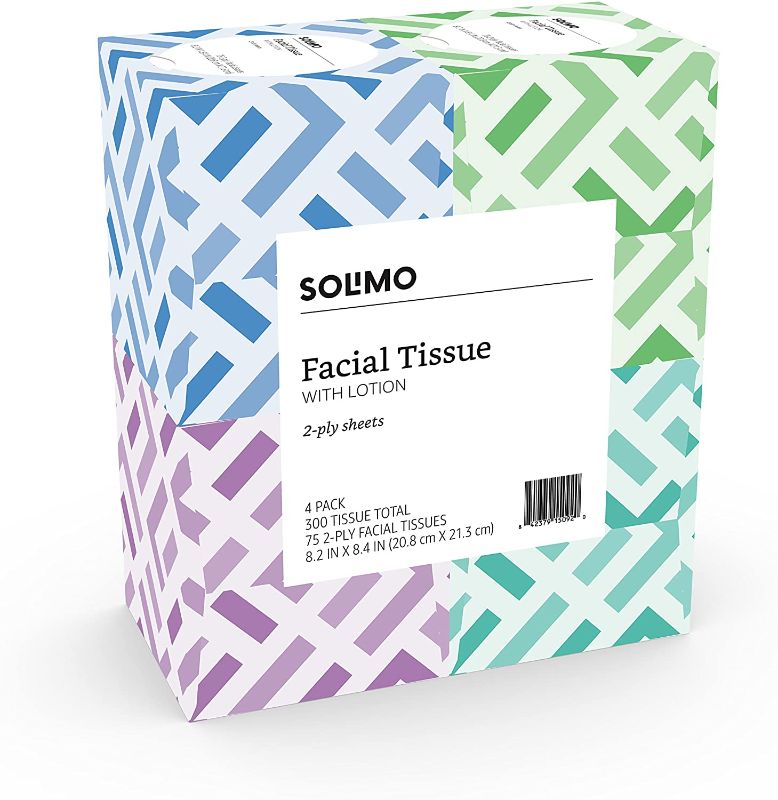 Photo 1 of  - Solimo Facial Tissues with Lotion, 75 Tissues per Box (4 Cube Boxes)
