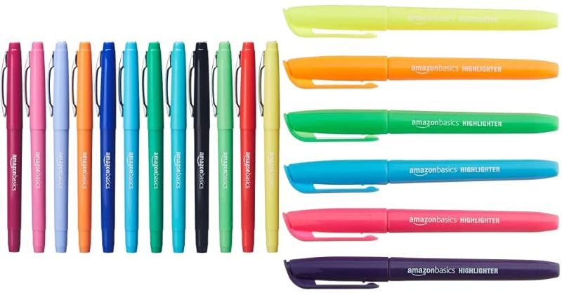 Photo 1 of Amazon Basics Felt Tip Marker Pens - Assorted Color, 12-Pack & Chisel Tip, Fluorescent Ink Highlighters, Assorted Colors - Pack of 24
