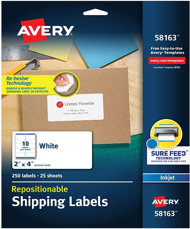 Photo 1 of Avery Repositionable Shipping Labels for Inkjet Printers 2 x 4, Box of 250 (58163), White
