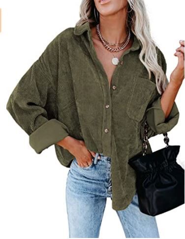 Photo 1 of Actloe Womens Corduroy Shirt Long Sleeve Oversized Button Down Blouses Tops Loose Casual Jacket with Pockets
