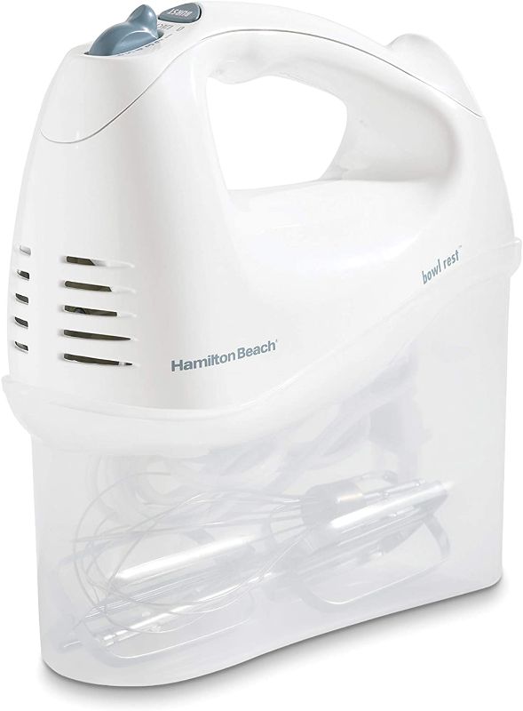 Photo 1 of Hamilton Beach 6-Speed Electric Hand Mixer, Beaters and Whisk, with Snap-On Storage Case, White
