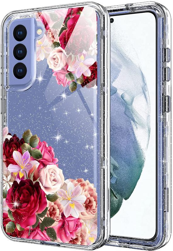 Photo 1 of ACKETBOX Samsung S21 Fe Case?Hybrid Impact Defender Glitter Clear Sparkly Bling PC Back Case+Front Cover and TPU Full Body Protective Cover for Samsung Galaxy S21 Fe 6.4 Inch 2022(Flowers)