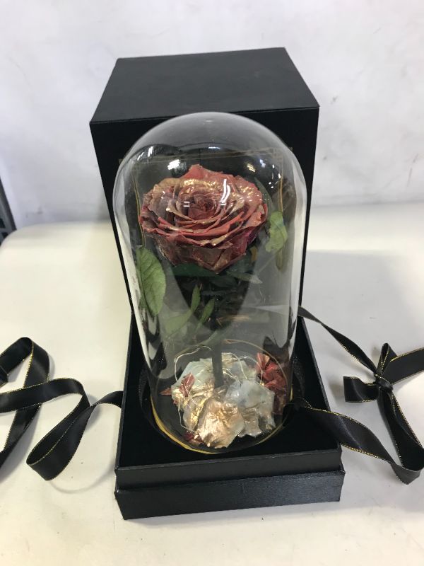 Photo 1 of ETERNAL GOLD ROSE PRESERVED FLOWER GIFT AND LED LIGHT IN GLASS DOME DAMAGES TO BOW