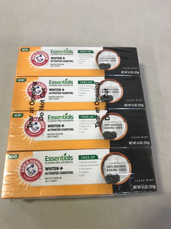 Photo 2 of Arm & Hammer Essentials FluorideFree Toothpaste Whiten + Activated Charcoal4 Pack of 4.3oz Tubes Clean 100 Natural Baking Soda, Mint, 17.2 Ounce EXP- MAY 2023
