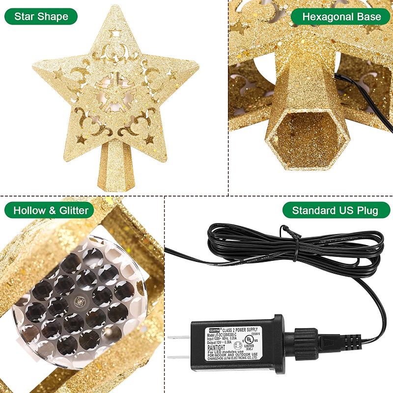 Photo 1 of Christmas Star Tree Topper with LED Projector, Lighted Tree Topper with Rotating Warm Star Shape Lights, 3D Hollow Gold Star Xmas Tree Topper for Christmas Tree Decorations

