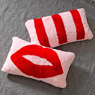 Photo 1 of DARIDO Throw Pillow Covers 12x20 inch, Luxury Faux Fur Lumbar Throw Pillow Covers Set of 2 Pillow Cases Striped & Sexy Red Lip Designed Cushion for Sofa Bedroom
