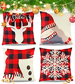 Photo 1 of Christmas Throw Pillow Cover Decorations, Holiday Xmas 18"X18" Decorative Case Cushion Winter Covers Sofa Couch Indoor Outdoor Cotton Linen Pillowcase with Zipper Home Festival Party Red Elk Snowman
