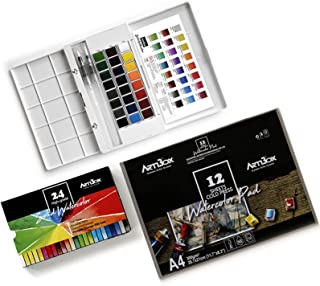 Photo 1 of 36 Watercolor Paint Set by Artibox - 2 Water Squeeze Brushes - 12 Watercolor Paper Sheet - Half Pans Colors - Art Supplies
