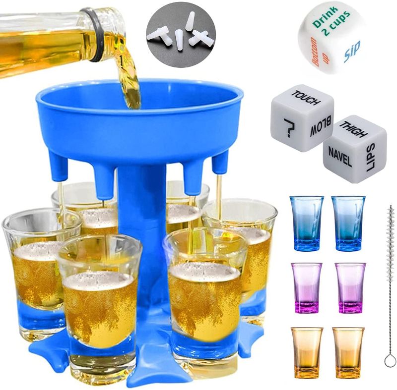 Photo 1 of 6 Shot Glass Dispenser with Shooting Glasses and Drinking Dice, Shot Dispenser, Wine Glass Dispenser, Cocktail Dispenser, Wine Glass Dispenser, Wine Dispenser, Drinking Tool, Big Shot, Shot Companion (Blue)
