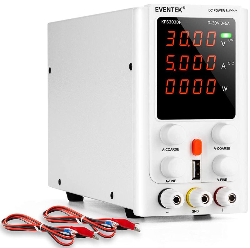 Photo 1 of DC Power Supply Variable 30V 5A, eventek Adjustable Switching DC Regulated Bench Power Supply with 4-Digits LED Display, USB Interface, Alligator Cord/Test Lines (30V 5A, White) FACTORY SEALED