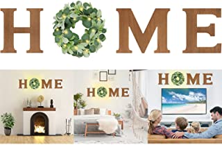 Photo 1 of Wooden Home Sign Wall Decor, Rustic Home Letter Decorations with Pre-lit Artificial Eucalyptus Flocked Lambs Ear Wreath, for Entryway/Housewarming Gift-Indoor.
