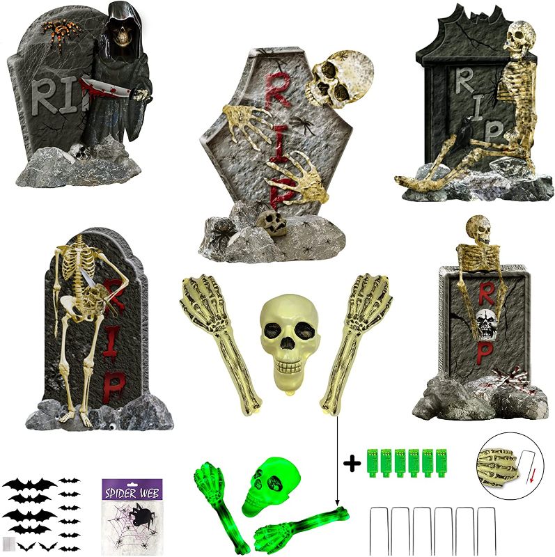 Photo 1 of 5 Pack RIP Graveyard Tombstones with Real Looking Skull and Skeleton Arms 12pcs Halloween 3D Bats Decoration 20grams Spider Web with 20pcs Baby Spiders, Headstone Decor for Halloween Yard Decorations
