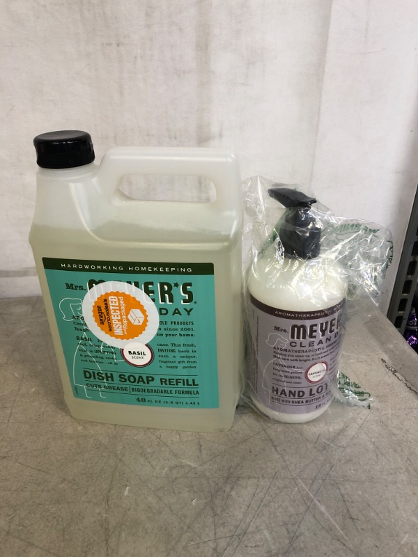 Photo 3 of 2PC LOT, MRS. MEYERS PRODUCTS, 
Mrs. Meyer's Dishwashing Liquid Dish Soap Refill, Cruelty Free Formula, Basil Scent, 48 oz,
Mrs. Meyer's Hand Lotion for Dry Hands, Non-Greasy Moisturizer Made with Essential Oils, Cruelty Free Formula, Lavender Scent, 12 o