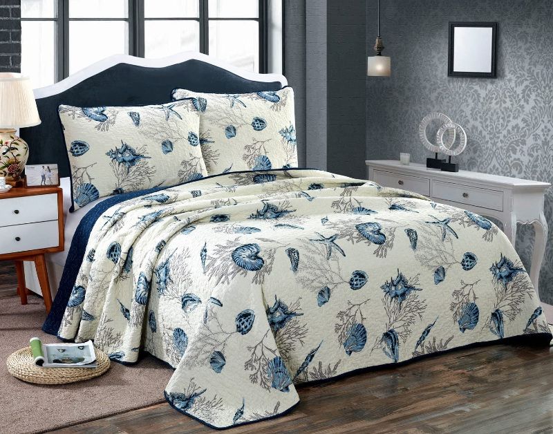 Photo 1 of Blue Shell Tread Design 3 Pieces Comforter Quilt Bedspreads Sets Cotton White&Blue (King)
