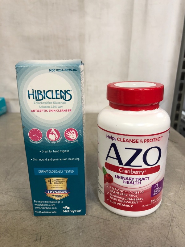 Photo 3 of 2PC LOT, HOUSEHOLD ITEMS,
AZO® Cranberry Urinary Tract Health Dietary Supplement | 1 Serving = 1 Glass of Cranberry Juice| Helps cleanse and protect the urinary tract | Fast Acting | 100 Softgels, EXP 03/23

Hibiclens – Antimicrobial and Antiseptic Soap a