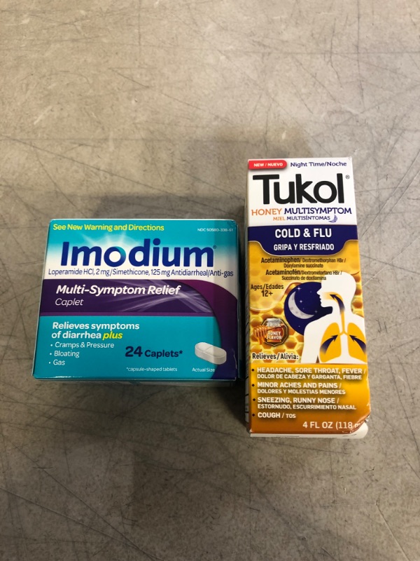 Photo 3 of 2PC LOT, VARIOUS MEDICATION, Imodium Multi-Symptom Relief Anti-Diarrheal Caplets, Loperamide Hydrochloride, Simethicone, 24 ct, EXP 06/23, TUKOL Adult Honey Multi-Symptom Cold & Flu Nighttime Liquid Cough Medicine, 4 Ounce EXP 06/23

TUKOL Adult Honey Mul