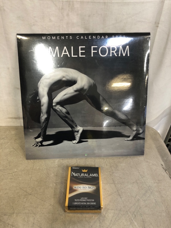 Photo 1 of 2PC LOT, THE MALE FORM 2022 CALENDAR, NATURAL LAMB TROJAN CONDOMS 3PK EXP 01/01/26