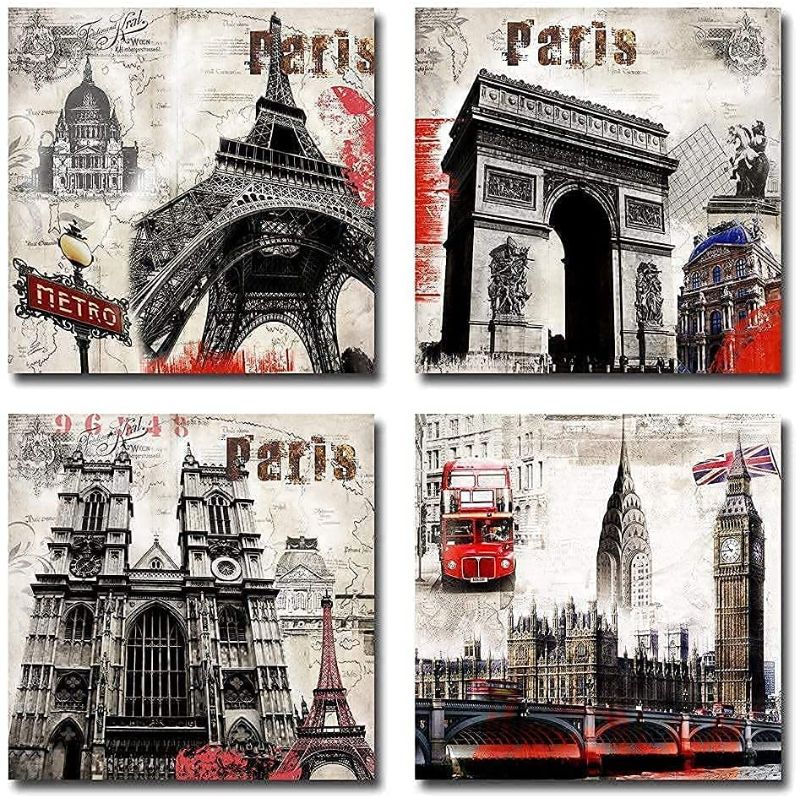 Photo 1 of 4 Panels Europe Landmark Wall Art - Red and Black Themed Painting of Eiffel Tower, Notre Dame, Triumphal Arch and Big Ben Tower, Modern Canvas Artwork Picture for Home
