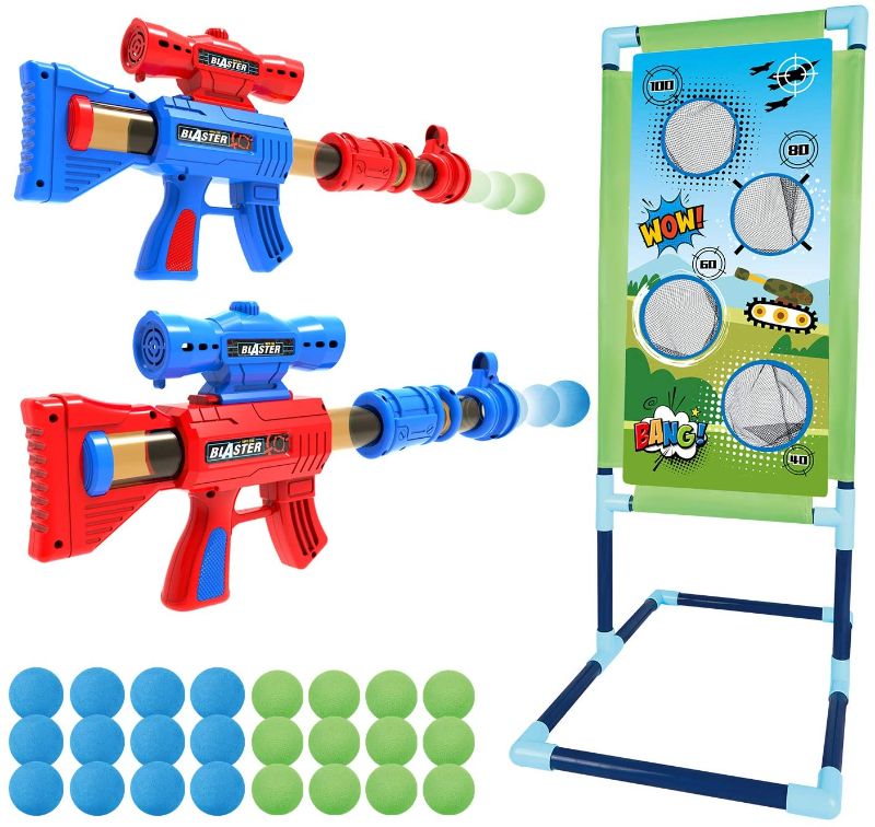 Photo 1 of SpringFlower Shooting Game Toy for 5 6 7 8 9 10+ Years Olds Boys,2pk Foam Ball Popper Air Toy Guns with Standing Shooting Target,24 Foam Balls,Gift For Easter basket stuffers,Compatible with Nerf Toys

