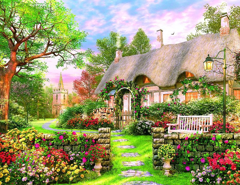 Photo 1 of 1000 Piece Puzzle for Adult 3D Visual Spring Jigsaw Puzzle Cottage Fall Landscape with Flower-Large Size 27.56” x 19.66”, Thicken Cardboard for Gift
