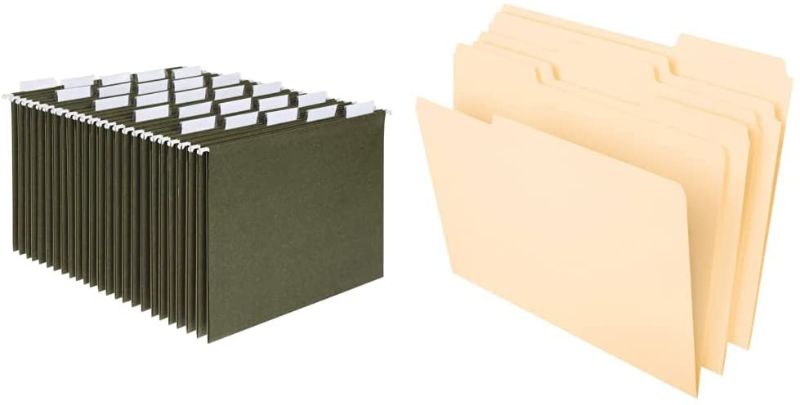 Photo 1 of Pendaflex Hanging File Folders, Letter Size, 25 Per Box (81602), Standard Green - 1/5 Tabs & File Folders, Letter Size, 8-1/2" x 11", Classic Manila, 1/3-Cut Tabs in Left, Right, 100 Per Box (65213)
