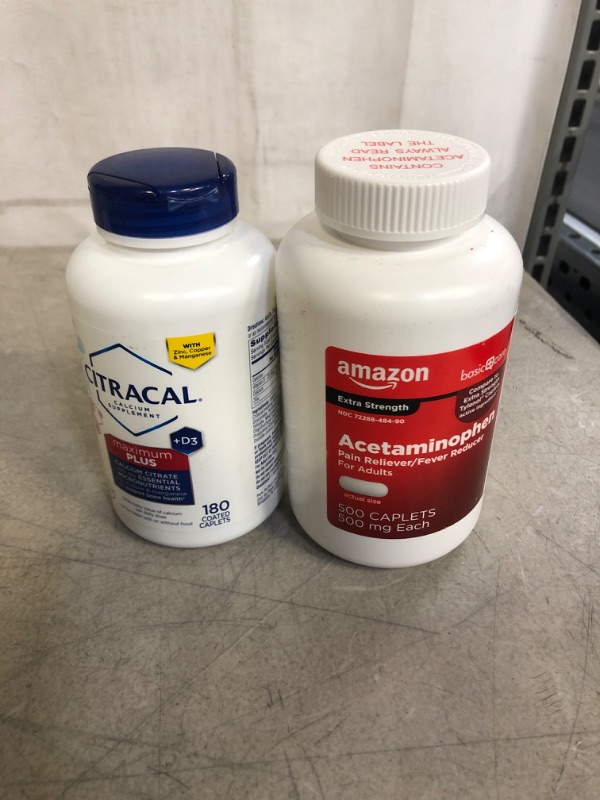 Photo 3 of 2PC LOT, VARIOUS MEDICATIONS,
Citracal Maximum Plus Highly Soluble, Easily Digested, 630 mg Calcium Citrate With 1000 IU Vitamin D3, Bone Health Supplement for Adults, Caplets, 180 Count EXP09/23

Amazon Basic Care Extra Strength Pain Relief, Acetaminophe