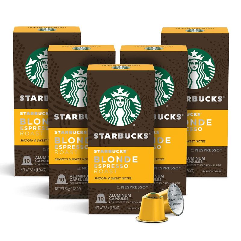 Photo 1 of Starbucks by Nespresso Blonde Roast Espresso (50-count single serve capsules, compatible with Nespresso Original Line System) (factory sealed) 
Exp 3/25/2022
