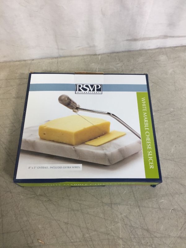 Photo 2 of RSVP International White Marble Cheese Slicer & Cutting Board, 5" x 8" | Cut Cheeses, Meats, & Other Appetizers | Each Piece Unique in Marble Coloring | Cut & Slice with Elegance
