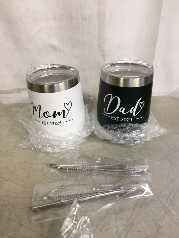 Photo 3 of New Parents Wine Tumbler Set, Mom Dad Est 2021 Tumbler Set for New Mom Baby Shower New Parents New Pregnancy Baby Announcement, 12 Oz Insulated Stainless Steel Wine Tumbler, Set of 2
