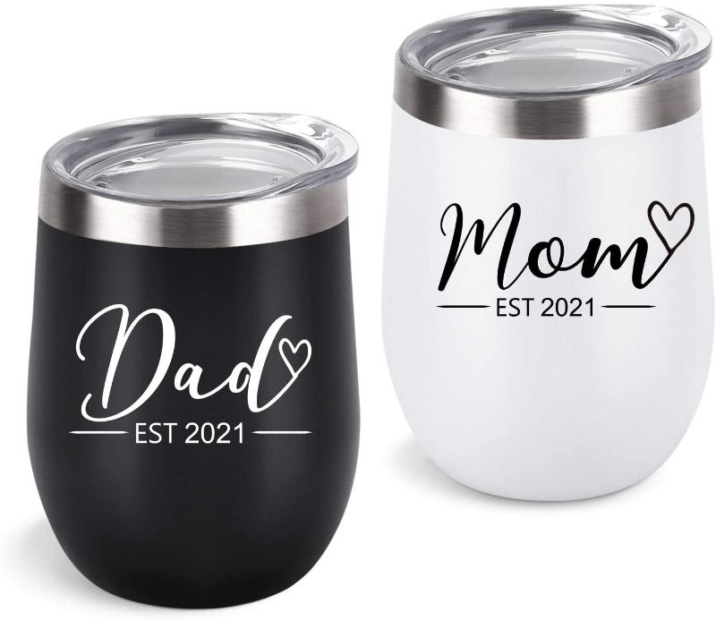 Photo 1 of New Parents Wine Tumbler Set, Mom Dad Est 2021 Tumbler Set for New Mom Baby Shower New Parents New Pregnancy Baby Announcement, 12 Oz Insulated Stainless Steel Wine Tumbler, Set of 2
