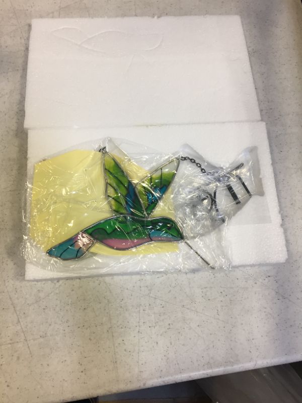 Photo 2 of CARAHITI Stained Glass Window Hanging Panel,Hand-Painted Multicolor Hummingbird Ornament for Window,Wall.
