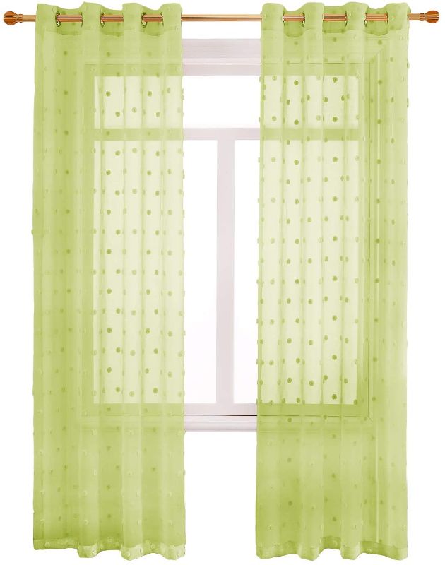 Photo 1 of Tuffeel Window Sheer Curtains 63 Inch Length 2 Panels Pompom Dot Textured Semi Bedroom Decor (52 x 84 Inch, Green)