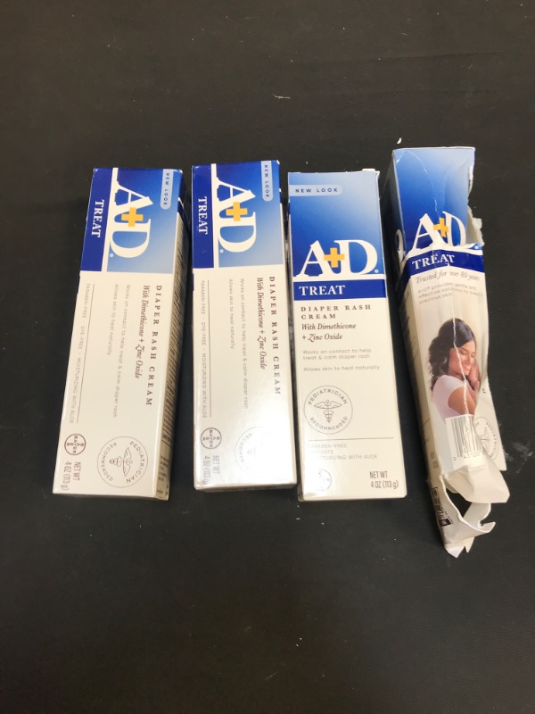 Photo 2 of A+D Zinc Oxide Diaper Rash Treatment Cream, Dimenthicone 1%, Zinc Oxide 10%, Easy Spreading Baby Skin Care, 4 Ounce Tube (Pack of 4) (Packaging May Vary) - 1 BOX HAS MAJOR DAMAGE - EXP  2 - 2024
